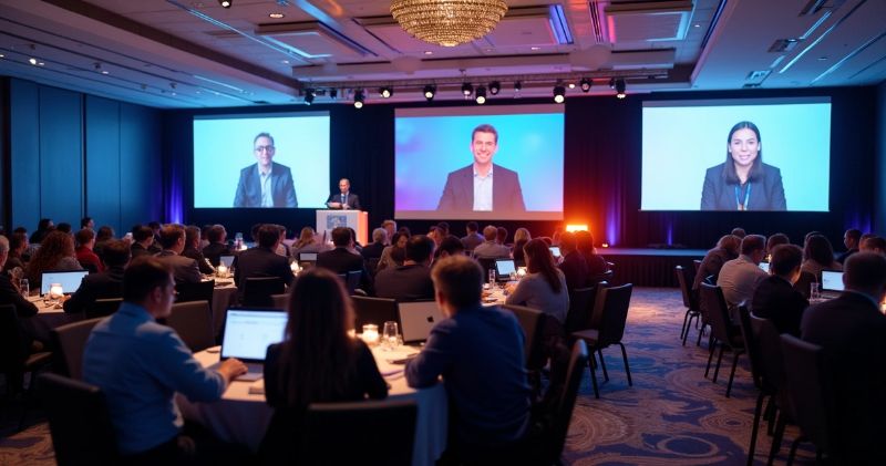 Três telas de computador mostrando interfaces das plataformas Zoom, Teams e Meet durante evento online corporativo 