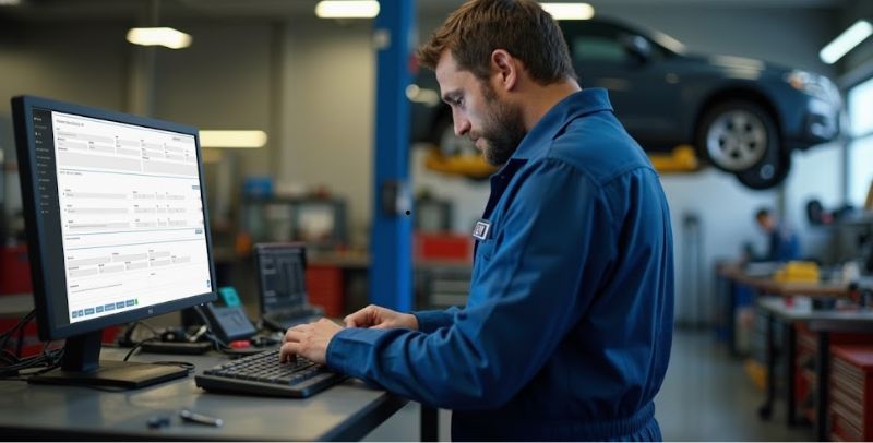 Laptop screen showing a detailed digital invoice with tax codes and financial charts on desk 