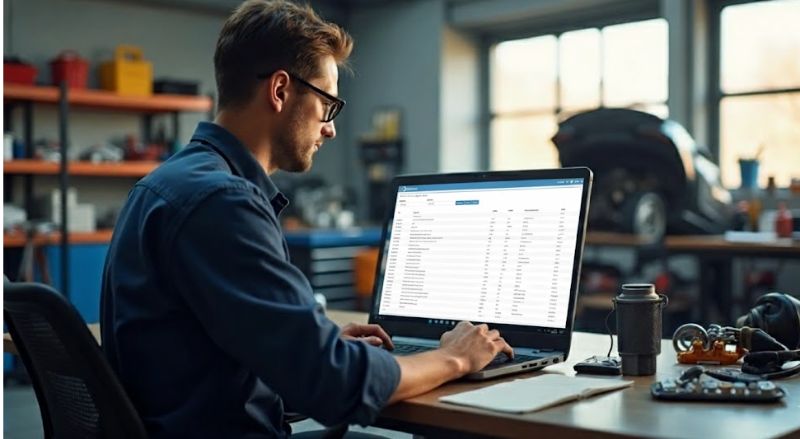 Mechanic analyzing detailed service reports on laptop in an office with tools and car parts around 