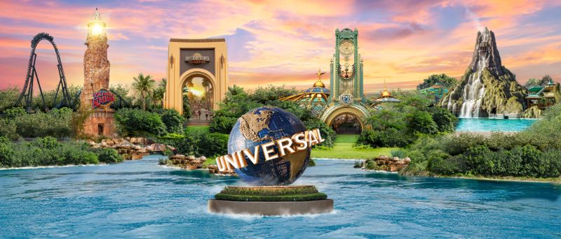 Ingressos Universal Orlando Resort 2026 com imagem dos quatro parques do complexo e logotipo Universal 