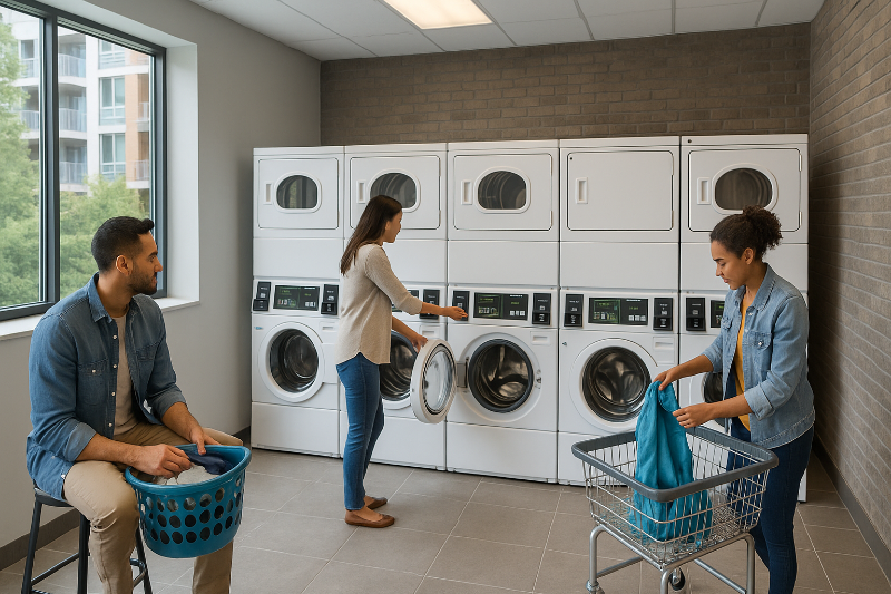Lavanderia self-service compacta instalada em área residencial de condomínio, com máquinas de lavar de alta capacidade alinhadas em ambiente limpo e iluminado 