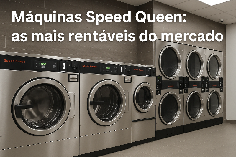 Máquinas de lavar Speed Queen em lavanderia de autoatendimento com ambiente limpo e iluminado 