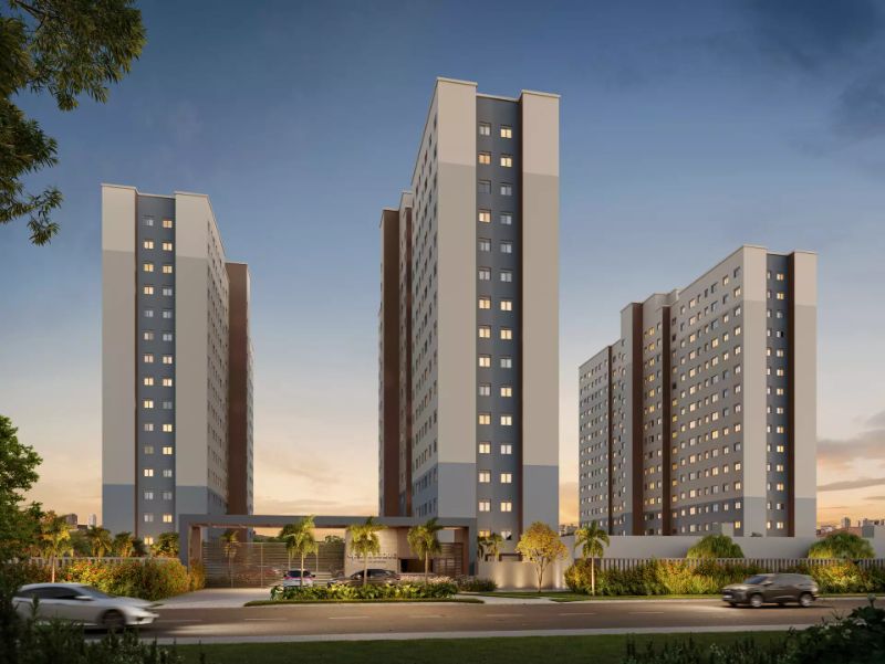 Vista externa do condomínio-parque Open Bosque no Passo d'Areia com área verde e prédios modernos 