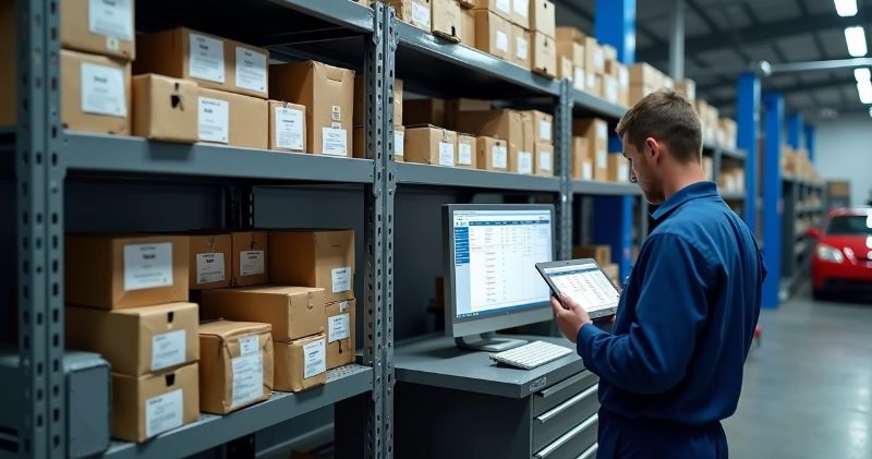 Inside view of a mechanic workshop office with a computer displaying financial software, calculator, paperwork, and car parts organized on shelves 