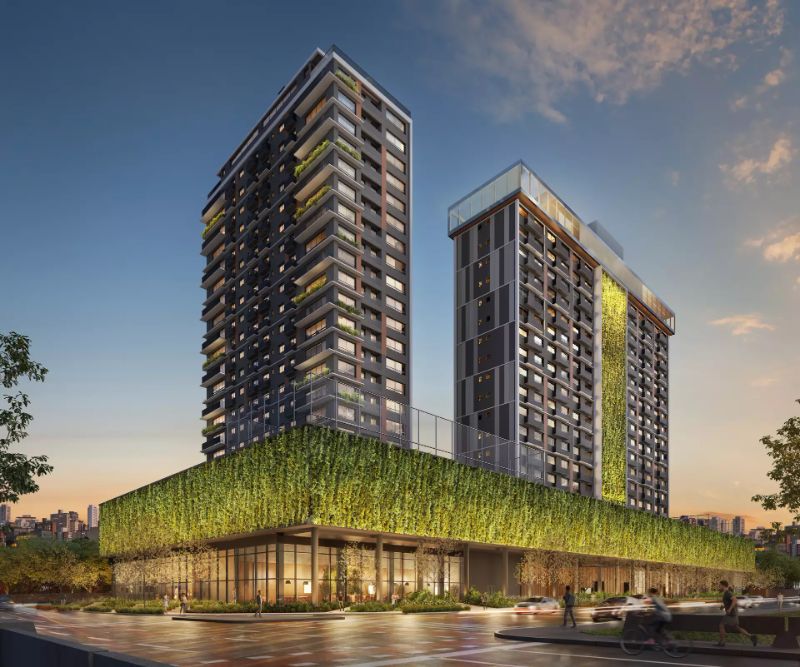 Ilustração do lançamento Square Garden com prédio moderno, food mall no térreo e áreas de lazer ao redor 