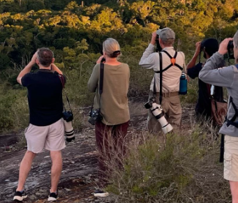 Turistas participando de experiência de turismo sustentável em ambiente natural com vegetação exuberante e comunidades locais 