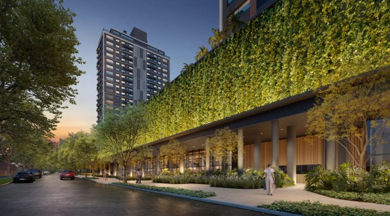 Ilustração corporativa do food mall Square Embarcadero em Porto Alegre com fachada moderna, praça suspensa e áreas comerciais e gastronômicas 