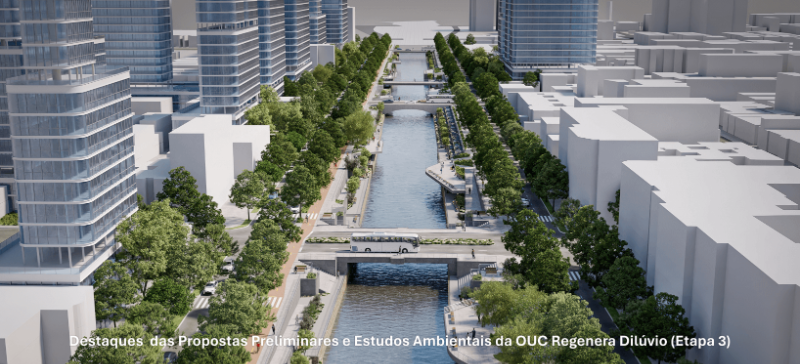 Vista aérea da Avenida Ipiranga com áreas verdes ao redor do Arroio Dilúvio e sinais de urbanização planejada para revitalização urbana 