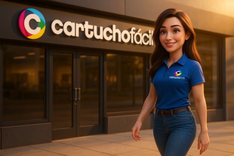 Entregador de mochila com caixas de cartuchos e toners em frente a uma casa moderna com céu azul 