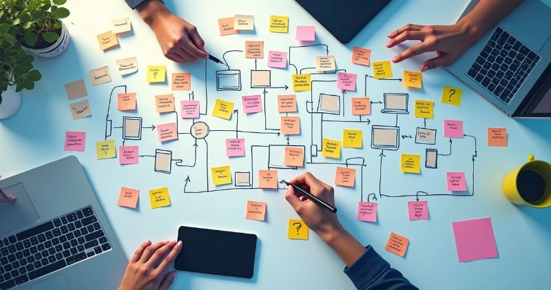 Fluxograma digital detalhado em tela de computador mostrando etapas de automação com n8n e Make 