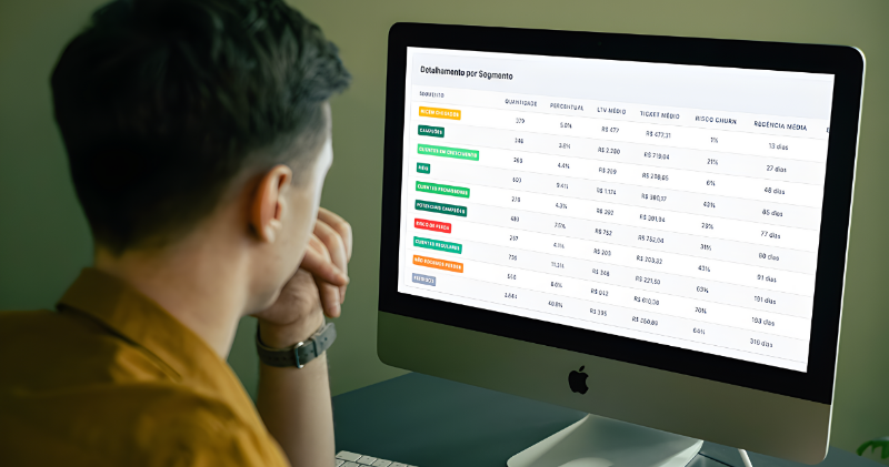 Tela de computador mostrando dashboard detalhado de análise RFV com gráficos coloridos em ambiente de escritório moderno 
