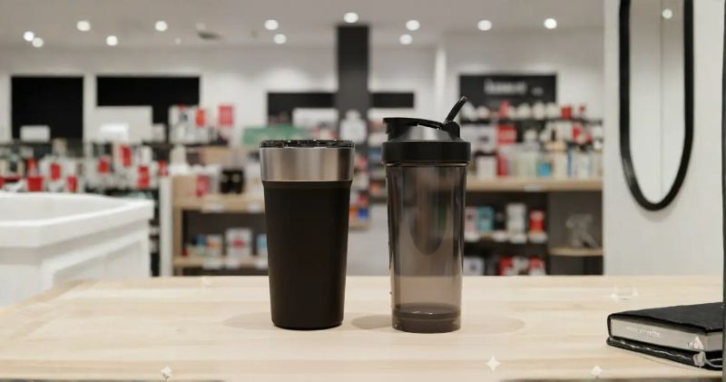 Coqueteleiras personalizadas coloridas e copos térmicos alinhados sobre balcão de loja no point de venda do varejo farmacêutico 