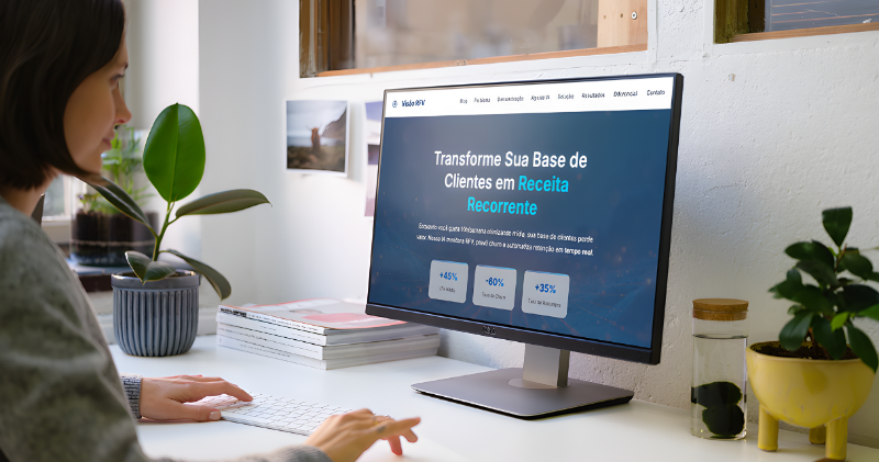 Tela de computador mostrando painel de CRM integrado com análise RFV detalhada e gráficos coloridos 