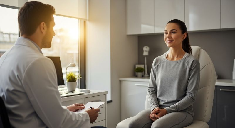 Médico nutricionista realizando atendimento personalizado em clínica moderna com equipamentos de saúde 