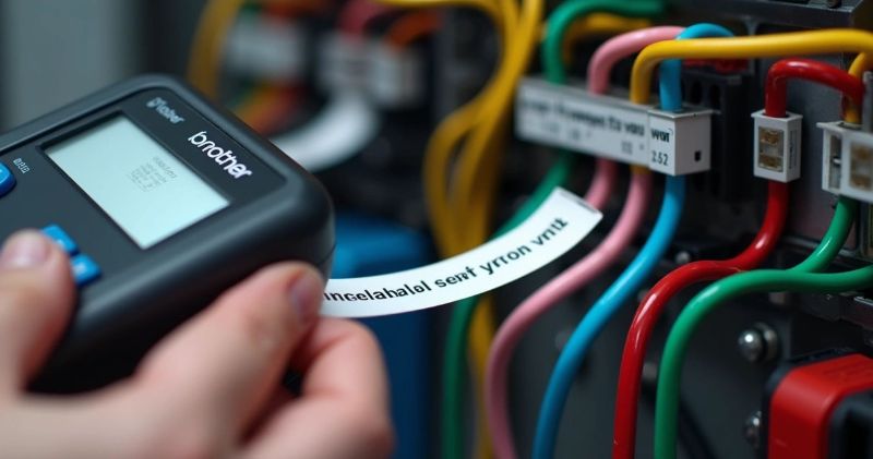 Fita HSe instalada em rotuladora Brother com cabos organizados e painel elétrico ao fundo 