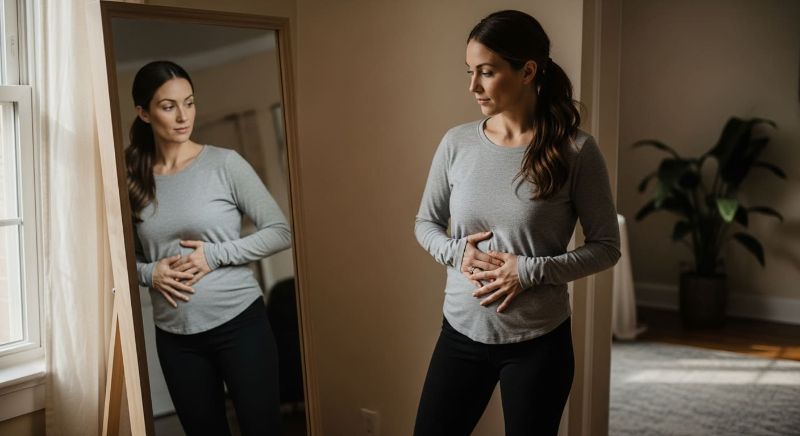 Mulher deitada com uma mão posicionada na barriga, realizando autoexame para verificar diástase pós-parto, ambiente aconchegante e iluminado 