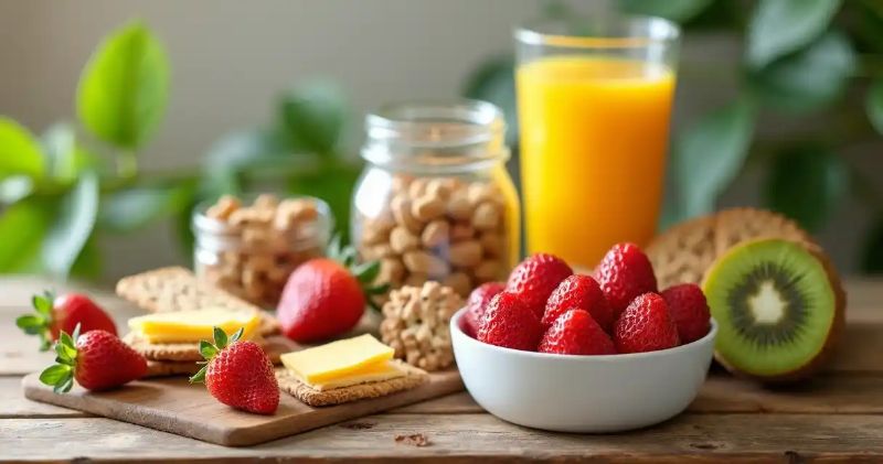 Lanches rápidos e saudáveis variados dispostos sobre mesa de madeira clara em ambiente iluminado 