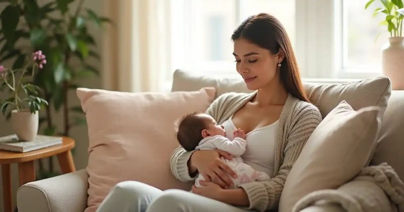 Mãe sentada confortavelmente segurando o bebê para amamentar em um ambiente acolhedor e iluminado 