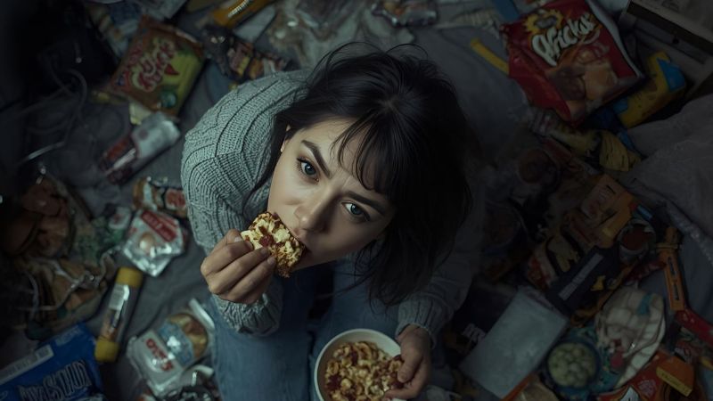 Ilustración comparando bulimia, trastorno por atracones y otros trastornos alimenticios, mostrando diferencias en conductas alimentarias y señales emocionales.