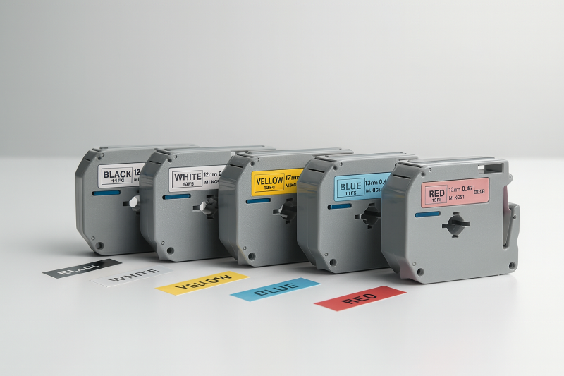 Fitas MK para rotuladora Brother organizadas, mostrando diferentes larguras e cores em fundo branco 