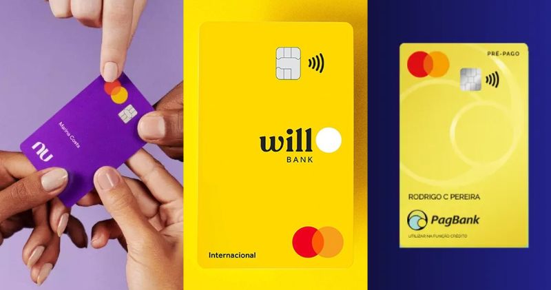 Cartões das fintechs Nubank, Will Bank e PagBank, destacando marcas que podem ser afetadas pela nova norma do Banco Central sobre uso dos termos banco e bank.