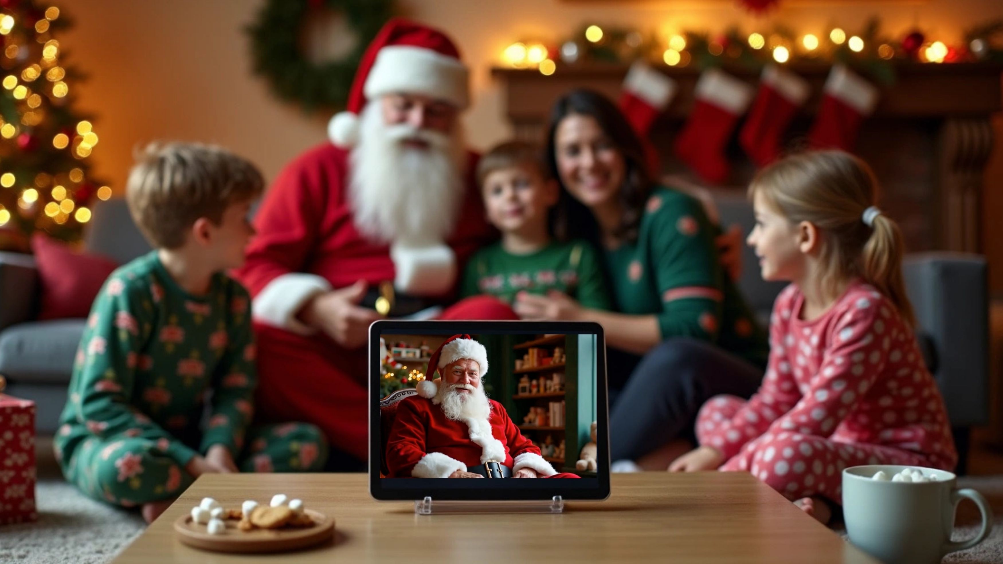 Parents and children watching a personalized Santa Christmas video on a tablet 