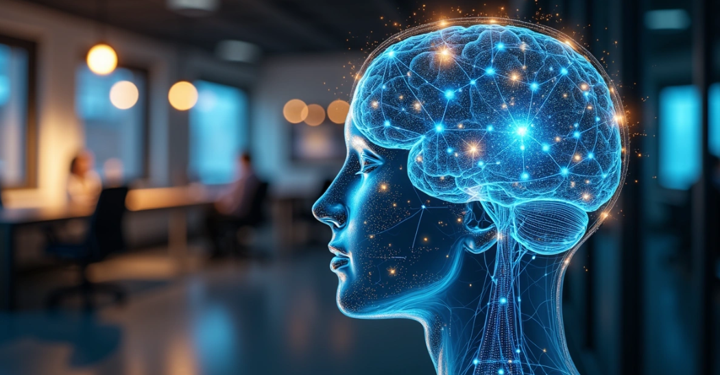 Cérebro humano transparente com elementos digitais representando vendas e liderança em negócio moderno 