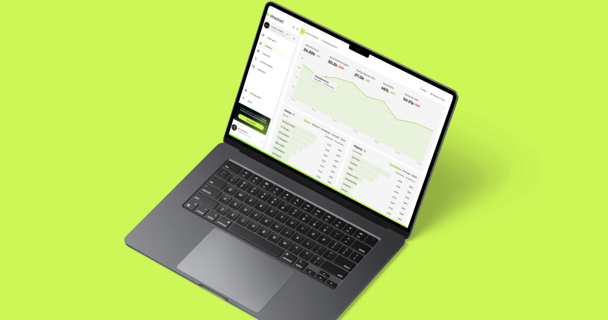 Ilustração digital de um laptop exibindo um painel de métricas e gráficos de desempenho, representando análise de dados, monitoramento contínuo e insights em tempo real para startups.