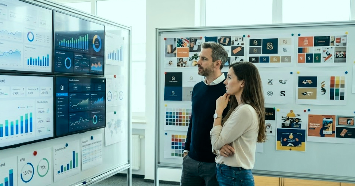 Equipe analisando múltiplos painéis de dados e dashboards ao lado de um board de identidade visual, representando decisões estratégicas guiadas por métricas e branding.