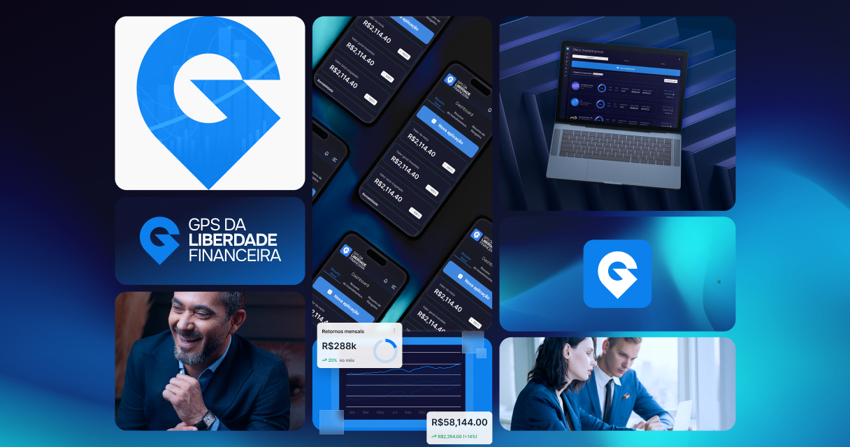 Interface e identidade visual do GPS da Liberdade Financeira, com telas de aplicativo, dashboard, logo em azul e cenas de profissionais analisando investimentos.