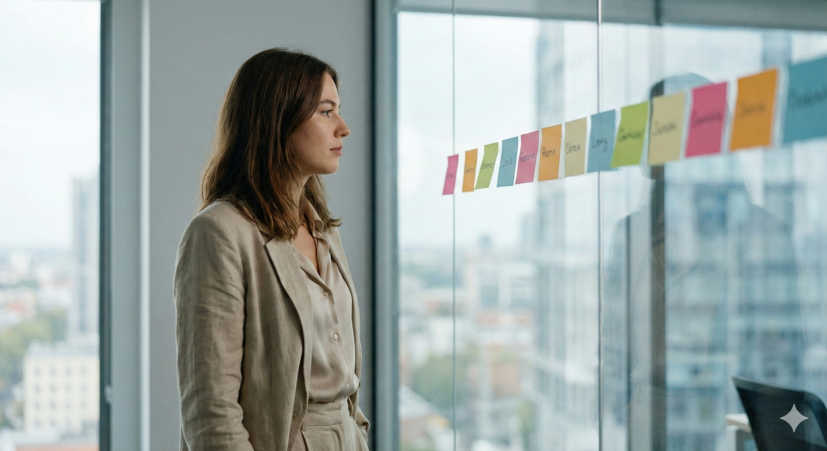 Mulher observa post-its coloridos organizados em um vidro de escritório, refletindo sobre ideias, planejamento estratégico e tomada de decisões.