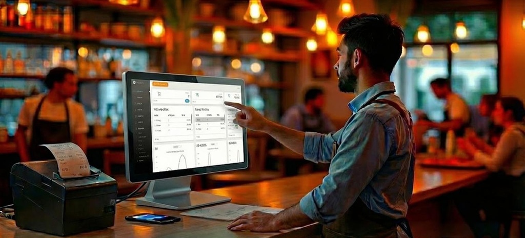 Gestor de restaurante analisando códigos fiscais na tela do computador ao lado do caixa 