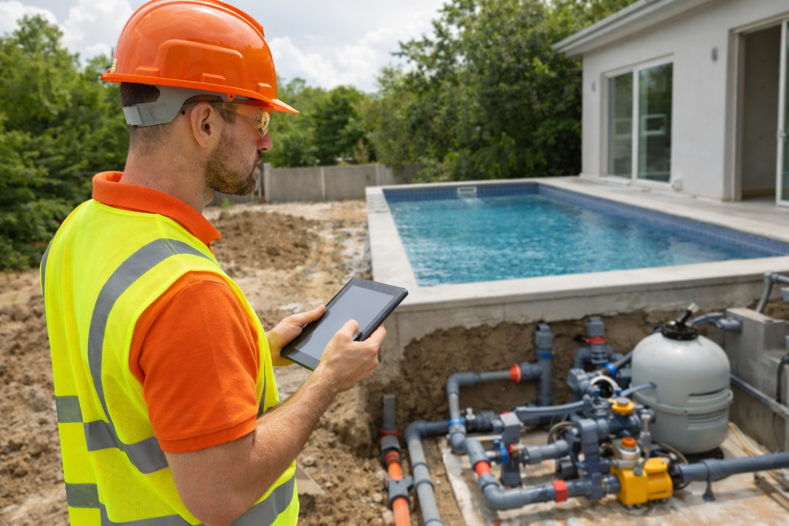 Civil engineer inspecting residential swimming pool hydraulic project