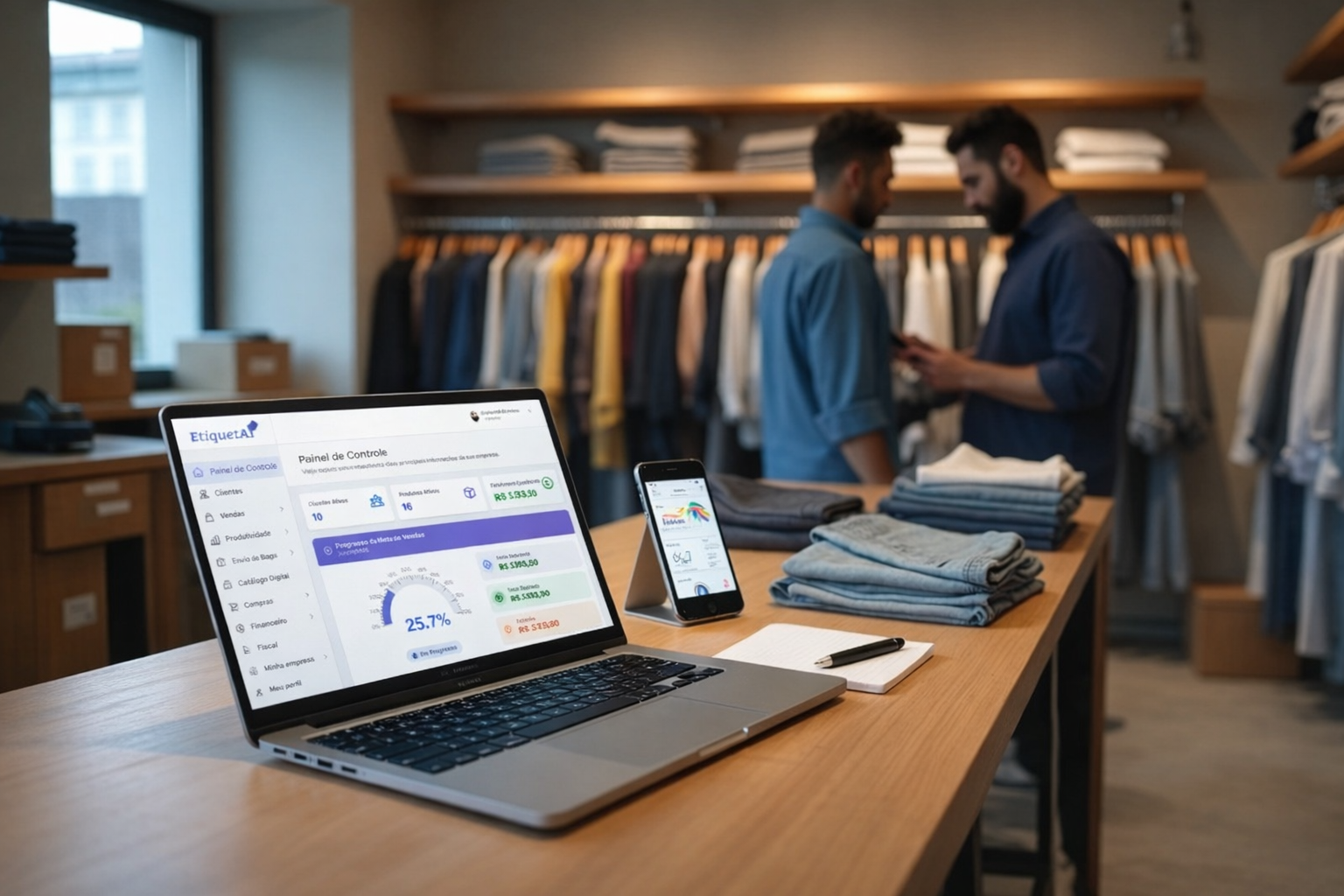 Dono de loja de roupas usando notebook para controlar estoque entre araras organizadas 