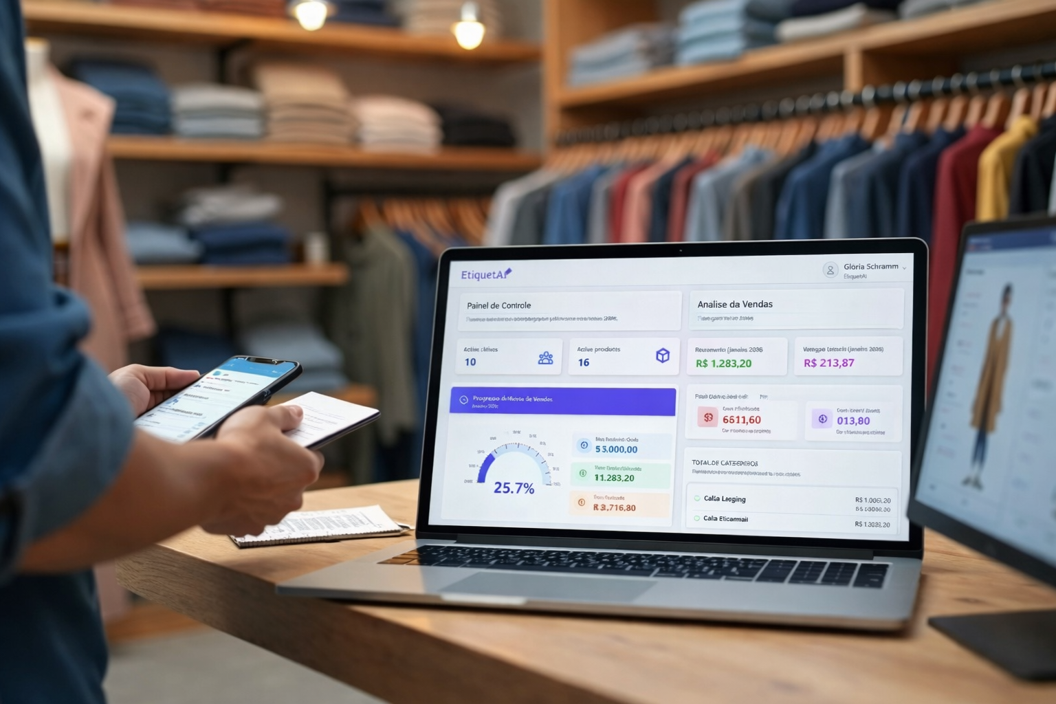 Dono de loja de roupas avaliando sistema de gestão no computador dentro da loja 