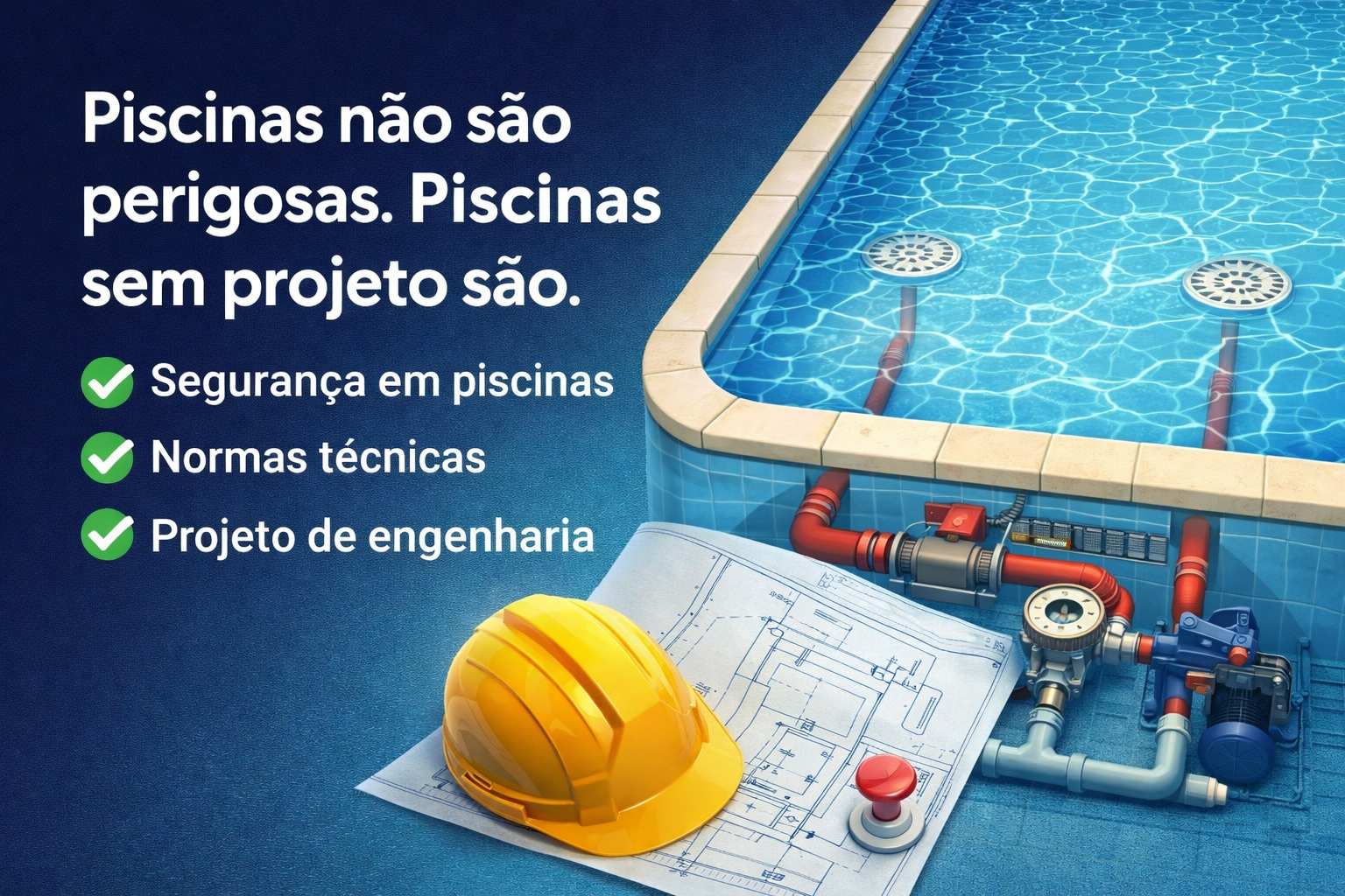 Projeto hidráulico de piscina com ralos de fundo e sistemas de segurança