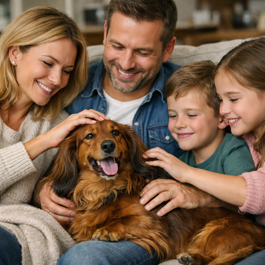 Família relaxando no sofá com cão da raça Dachshund de pelo longo feliz recebendo carinho 