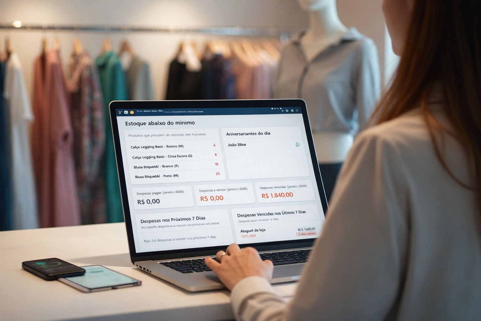 Dona de loja de roupas analisando gráficos de estoque mínimo e máximo no computador 