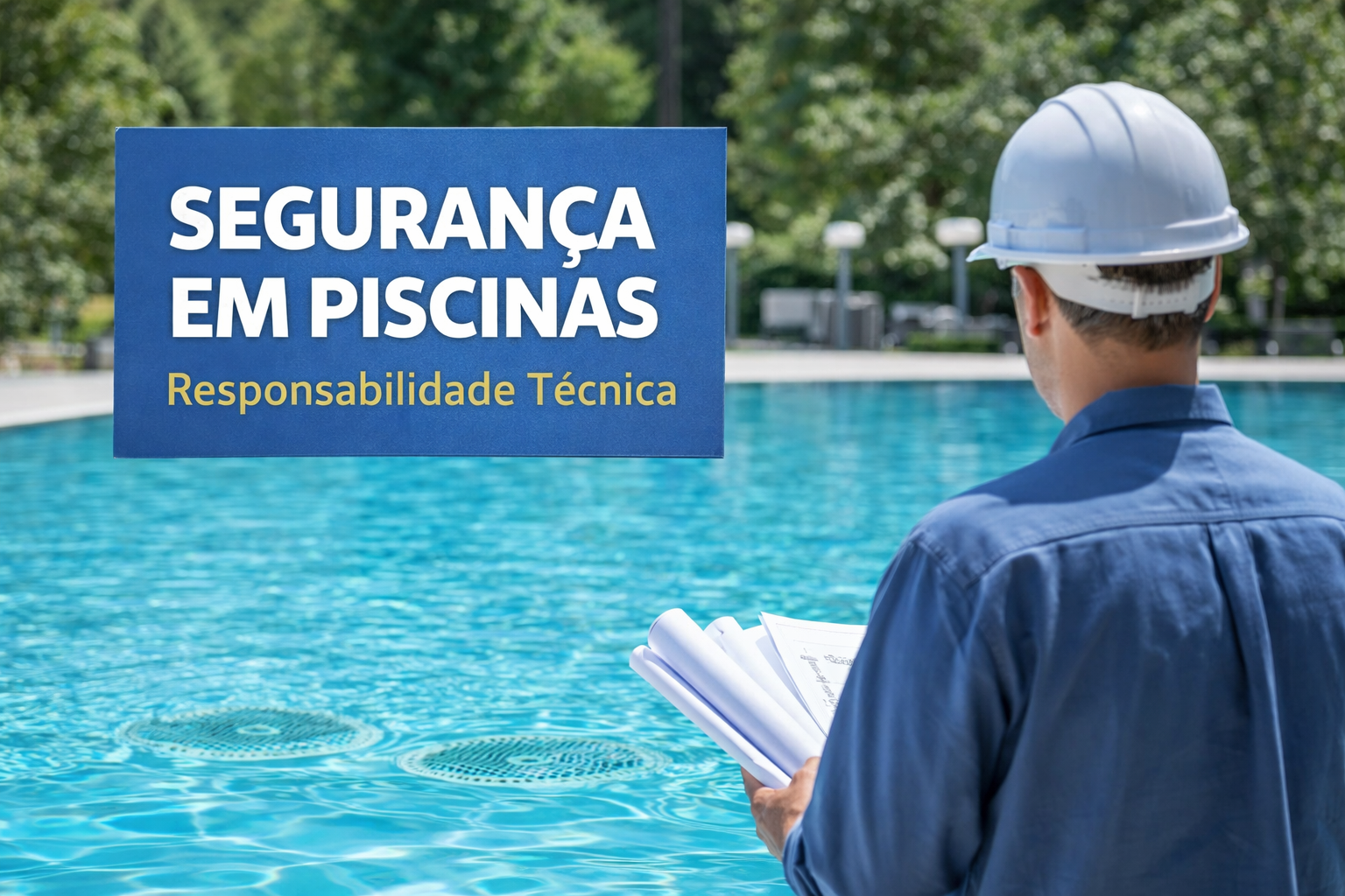 Engenheiro analisando uma piscina com ralos de fundo, destacando a segurança em piscinas, a responsabilidade técnica na construção e o cumprimento das normas obrigatórias.