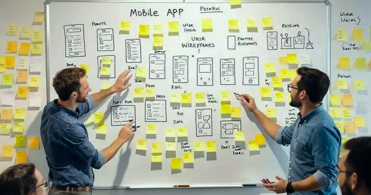 Equipe de startup colaborando em design de app mobile com wireframes e post-its coloridos em quadro branco durante sessão de UX design