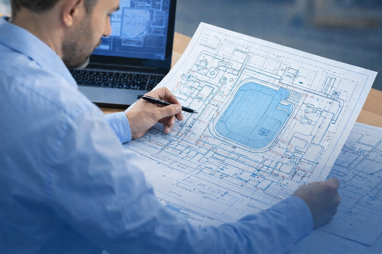 Profissional analisando projeto hidráulico de piscina em planta técnica, com sistema de tubulações e layout do tanque.