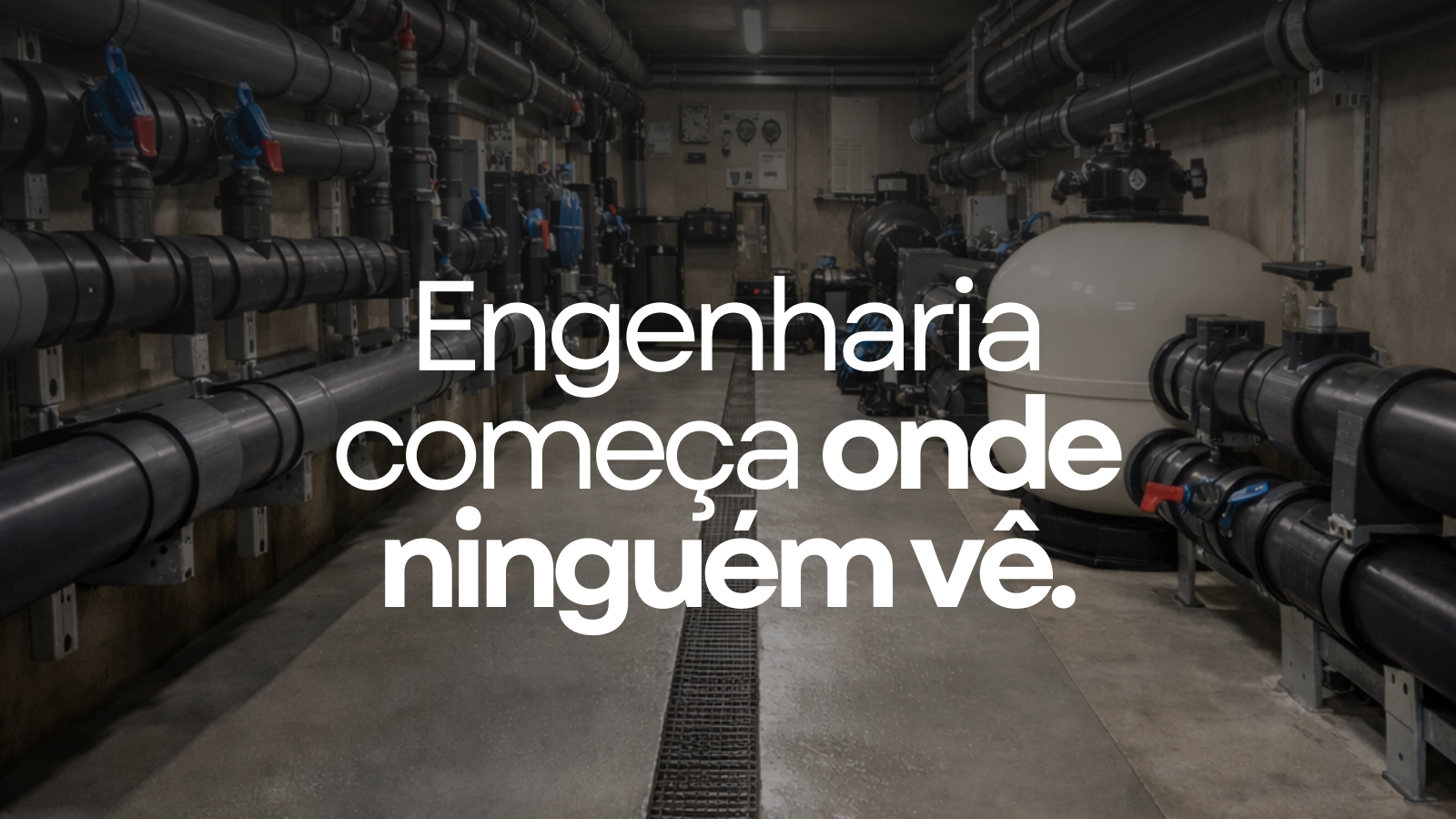 Galeria técnica em piscinas com tubulações organizadas em ambiente acessível para manutenção hidráulica