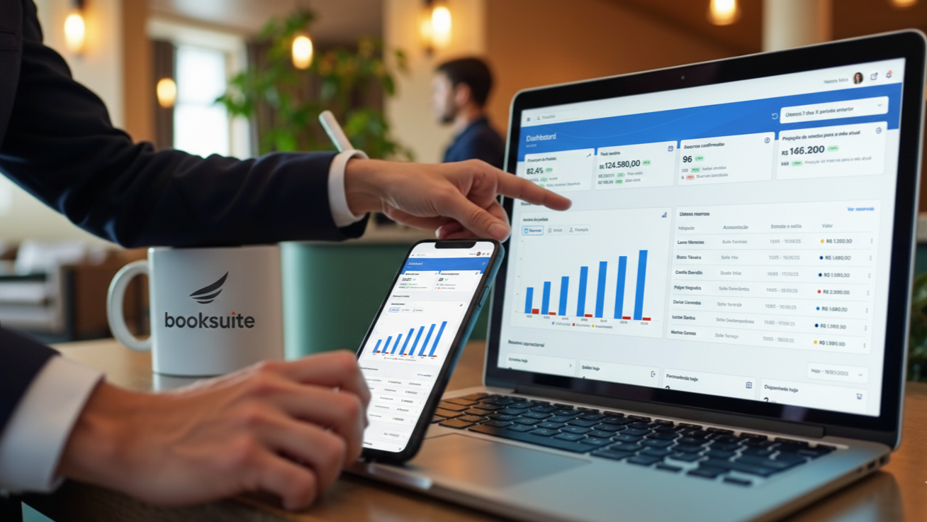 Gerente de hotel analisando painel de motor de reservas no notebook na recepção 