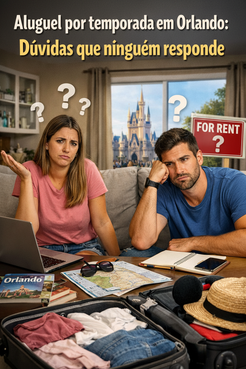 Família brasileira em casa de temporada moderna em Orlando preparando passeio para parques 