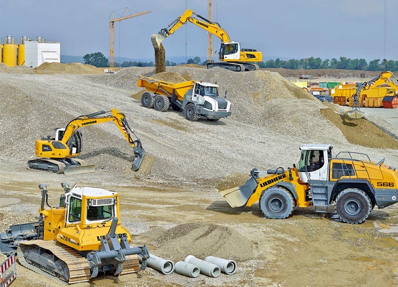 Ilustração corporativa de máquinas linha amarela em leasing com consultor financeiro da DFR 