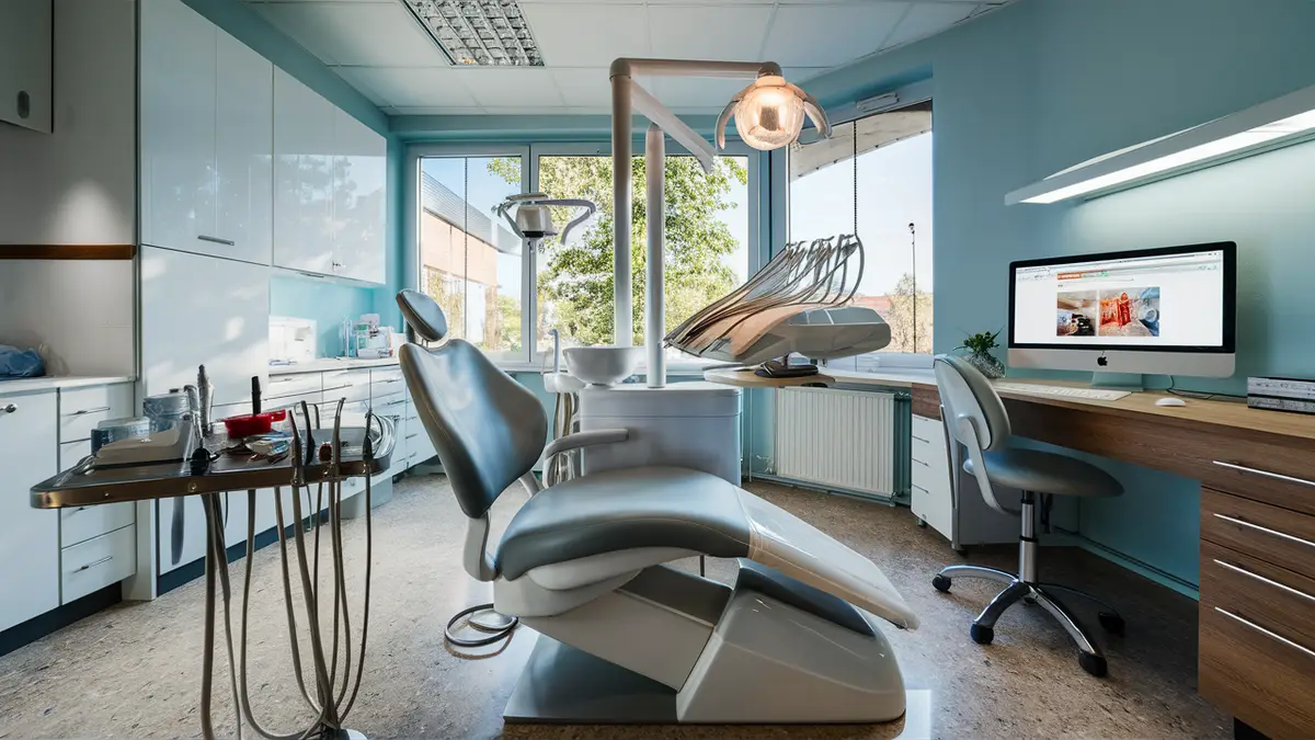 Consultório dentário moderno com cadeira branca, equipamento, monitor em mesa de madeira e janela mostrando dia ensolarado.