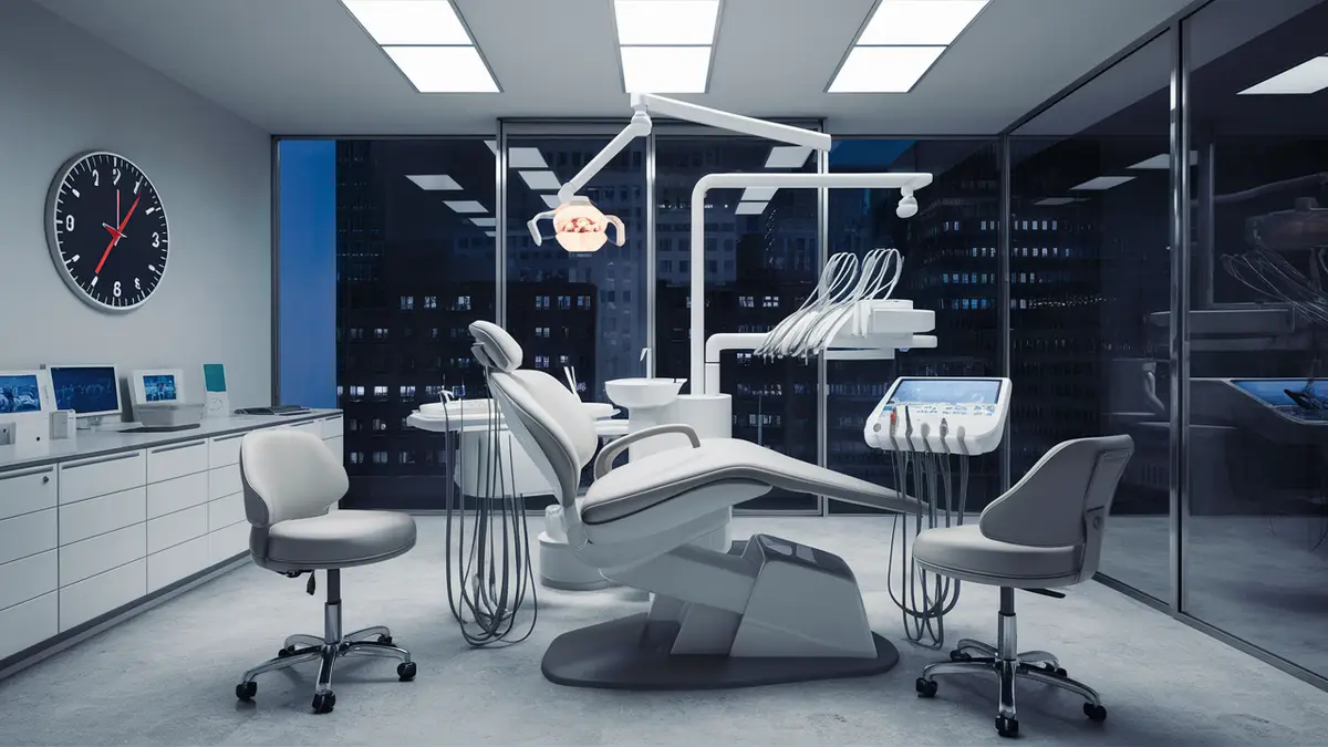 Consultório odontológico moderno com cadeira branca, equipamentos de alta tecnologia e vista para cidade.