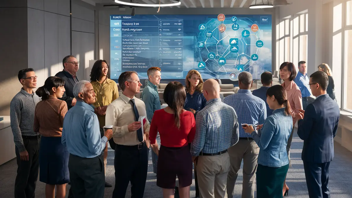 Pessoas observam tela digital em escritório moderno, mostrando sistema de filas com ícones e tarefas no ambiente.