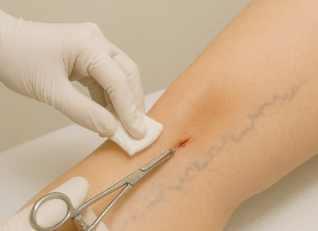 Médico vascular mostrando varizes na perna de paciente antes da flebectomia 