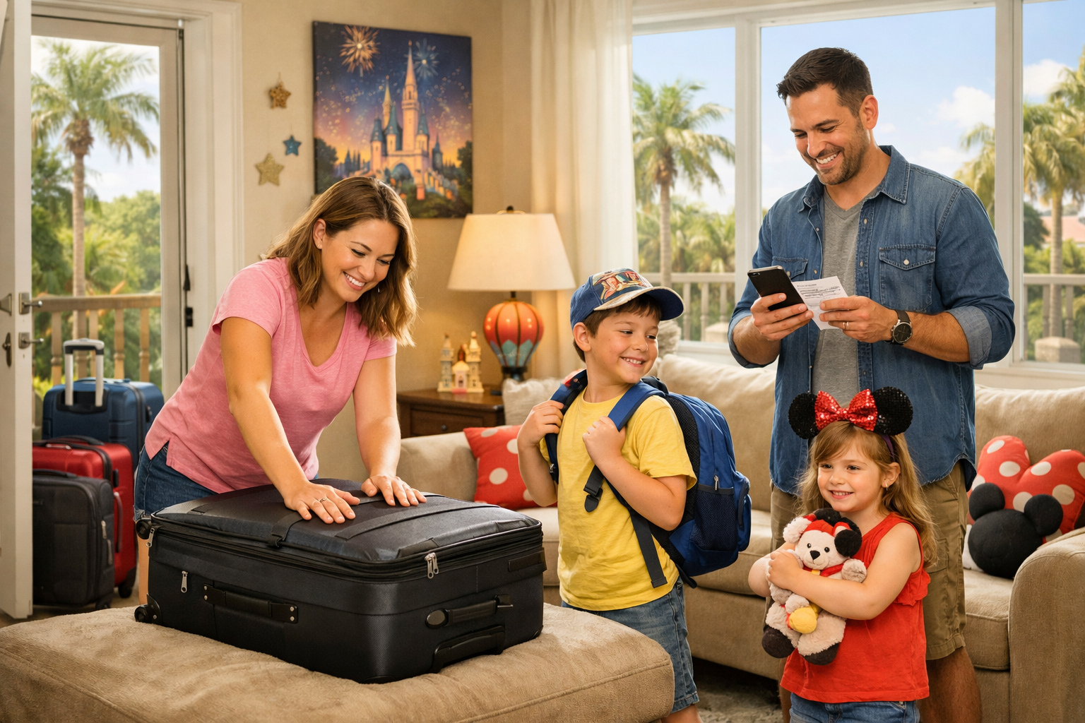 Família brasileira fazendo check-out em casa de temporada em Orlando 